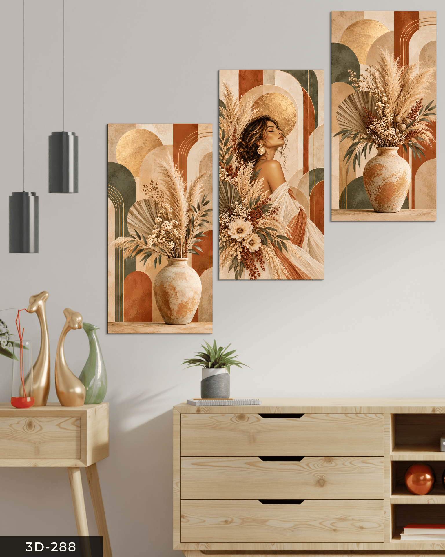 Soyut Sanat ve Güzel Kadın 3 Parçalı Mdf Tablo