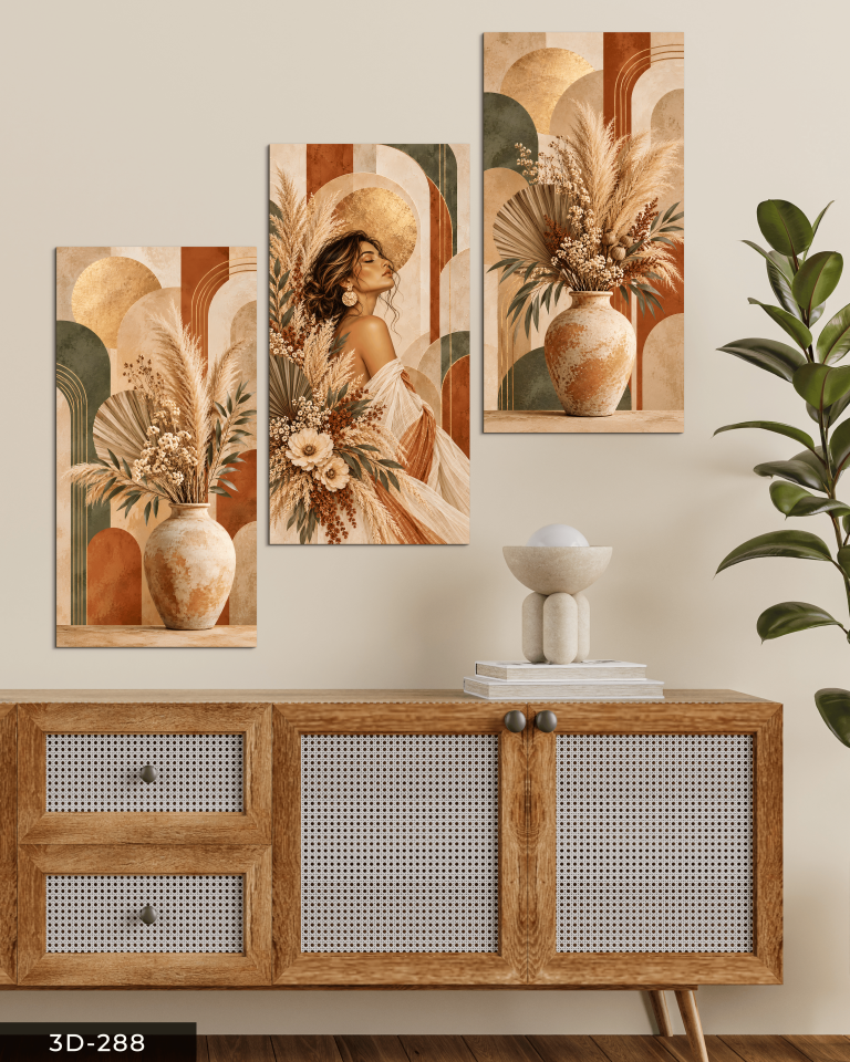 Soyut Sanat ve Güzel Kadın 3 Parçalı Mdf Tablo