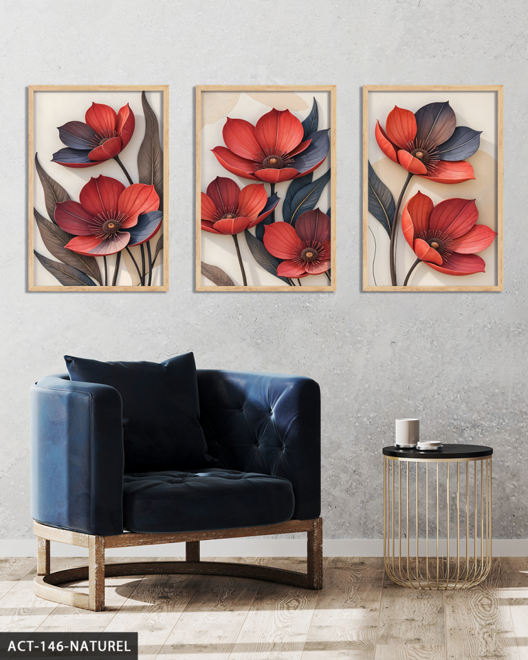 Kırmızı Çiçek 3 Parça Ahşap Çerçeveli Tablo ACT Naturel - 30 x 40 CM