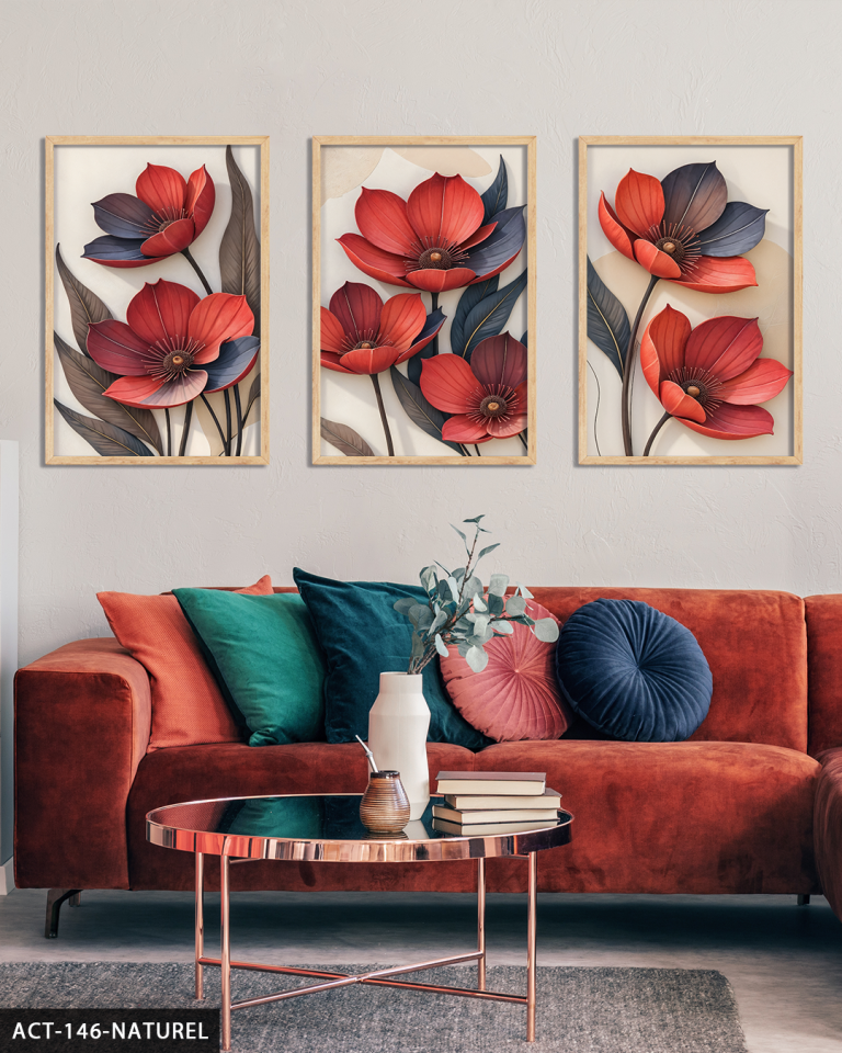 Kırmızı Çiçek 3 Parça Ahşap Çerçeveli Tablo ACT Naturel - 30 x 40 CM