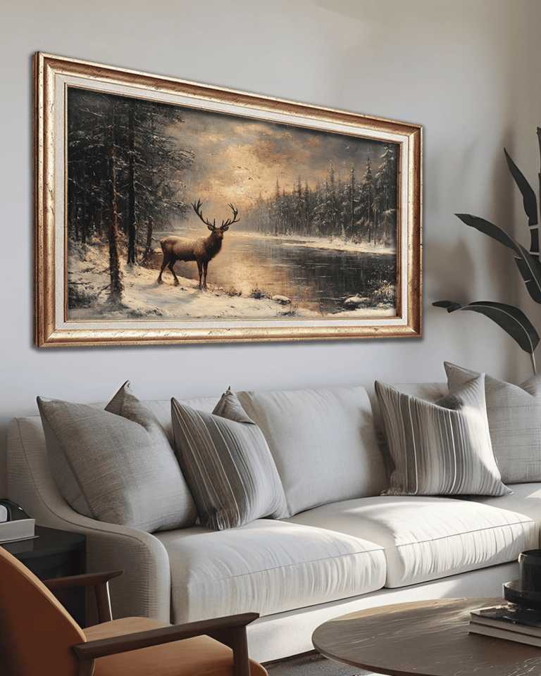 Karlı Geyik Premium Çerçeveli Tek Parça Tablo 65X110 cm PRM