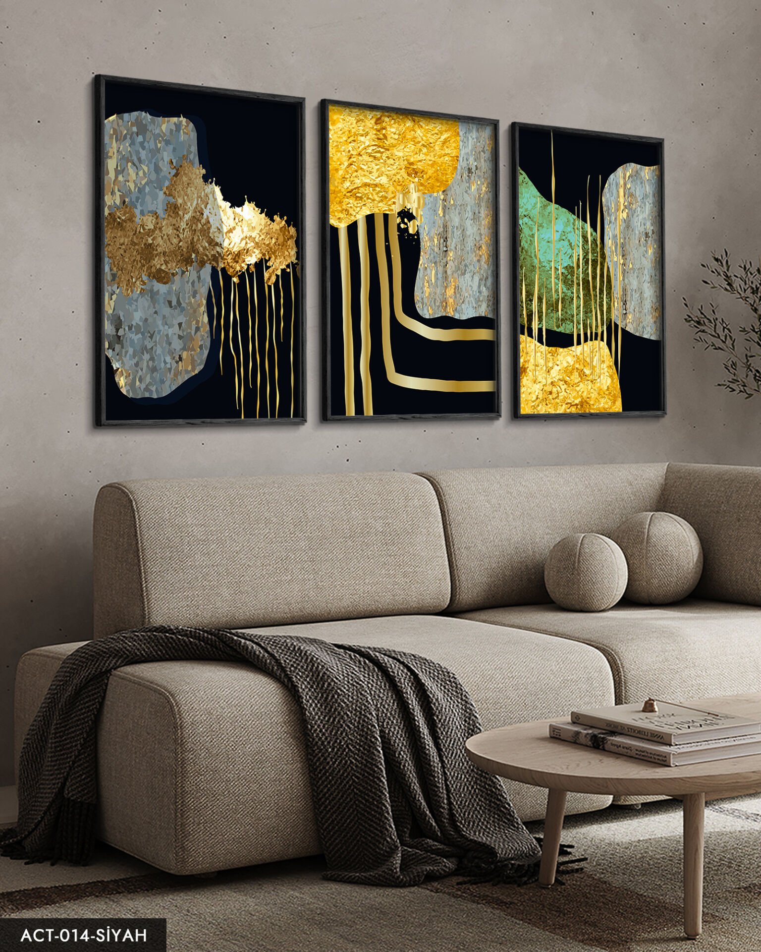 Soyut Gold Desenler 3 Parça Ahşap Çerçeveli Tablo ACT Siyah - 50 x 70 CM