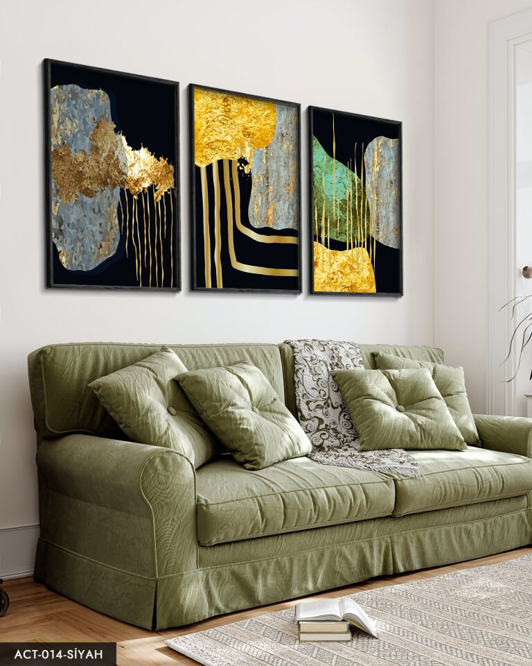 Soyut Gold Desenler 3 Parça Ahşap Çerçeveli Tablo ACT Siyah - 50 x 70 CM