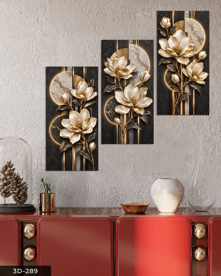 Siyah Yapraklı Gold Çiçek 3 Parçalı Mdf Tablo