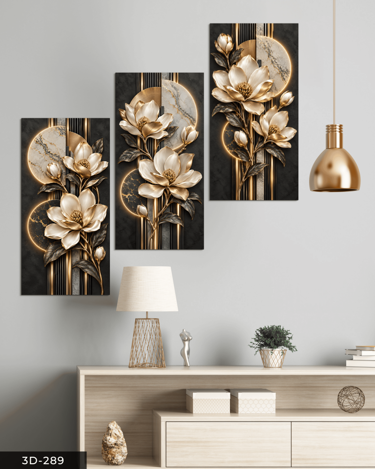 Siyah Yapraklı Gold Çiçek 3 Parçalı Mdf Tablo