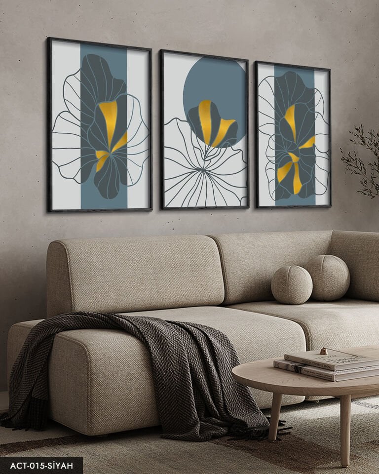 Çizim Çiçekler 3 Parça Ahşap Çerçeveli Tablo ACT Siyah - 50 x 70 CM