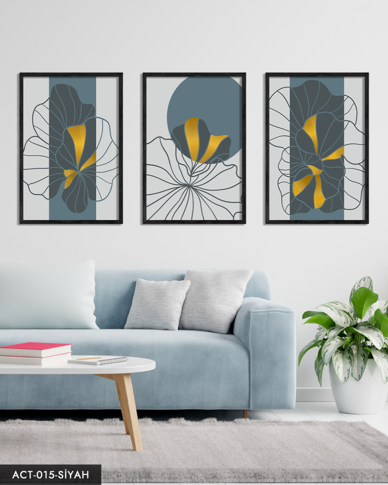 Çizim Çiçekler 3 Parça Ahşap Çerçeveli Tablo ACT Siyah - 50 x 70 CM