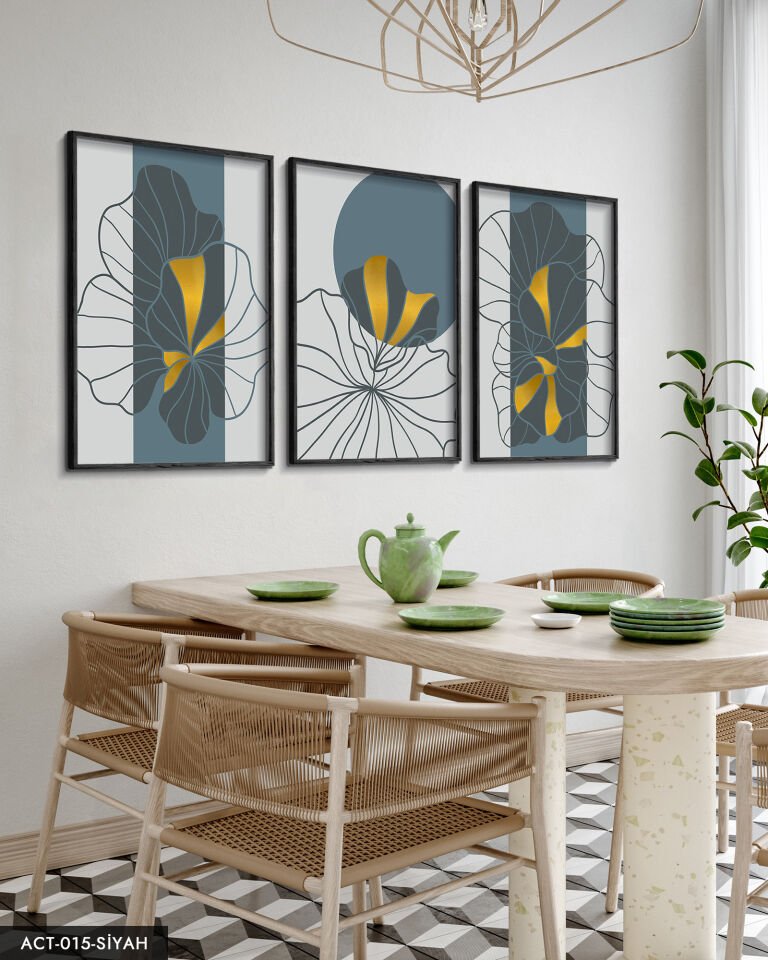 Çizim Çiçekler 3 Parça Ahşap Çerçeveli Tablo ACT Siyah - 50 x 70 CM