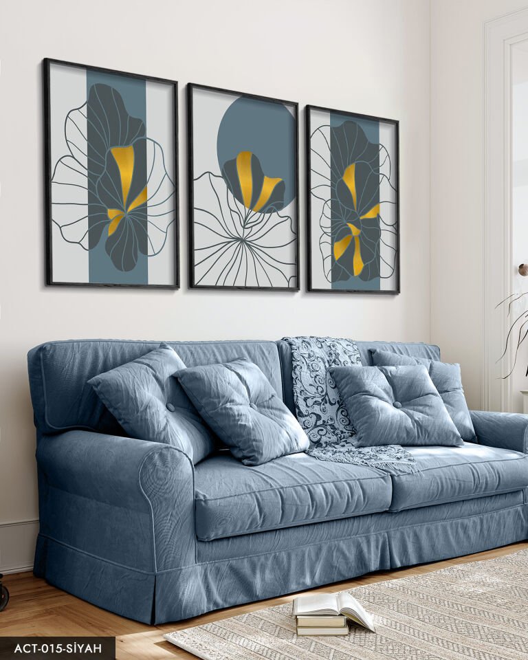 Çizim Çiçekler 3 Parça Ahşap Çerçeveli Tablo ACT Siyah - 50 x 70 CM