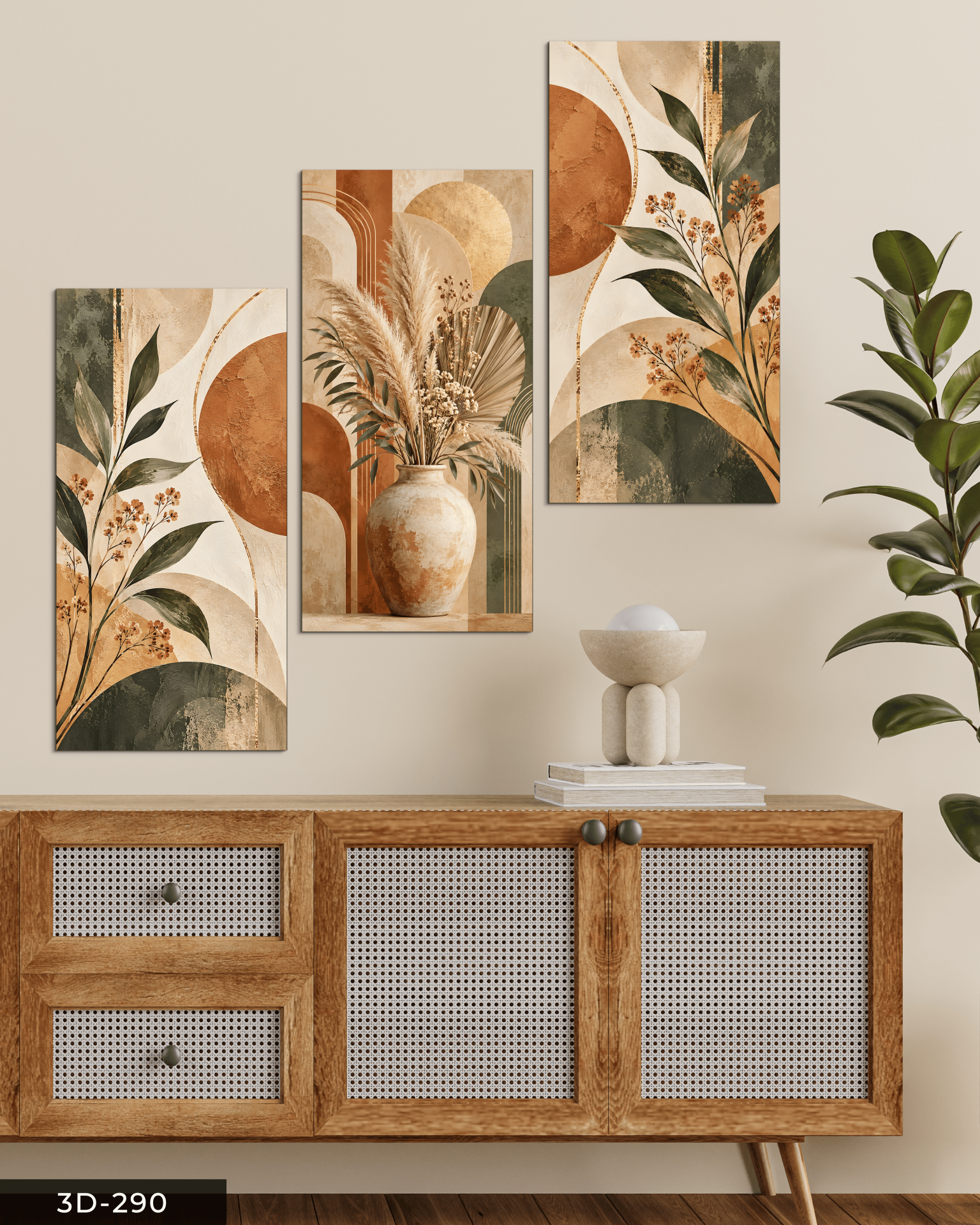Yuvarlak Desenler ve Bitki 3 Parçalı Mdf Tablo