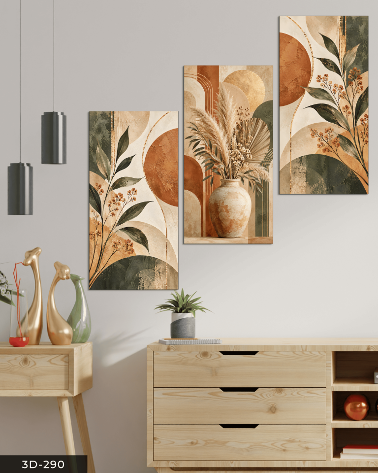 Yuvarlak Desenler ve Bitki 3 Parçalı Mdf Tablo
