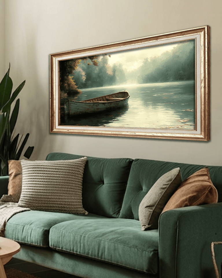 Kayıklı Göl Manzarası Premium Çerçeveli Tek Parça Tablo 65X110 cm PRM