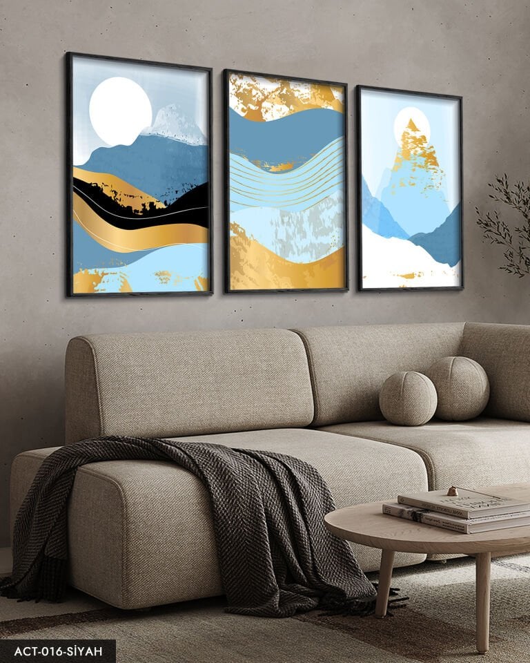 Soyut Dağ Görsel 3 Parça Ahşap Çerçeveli Tablo ACT Siyah - 50 x 70 CM
