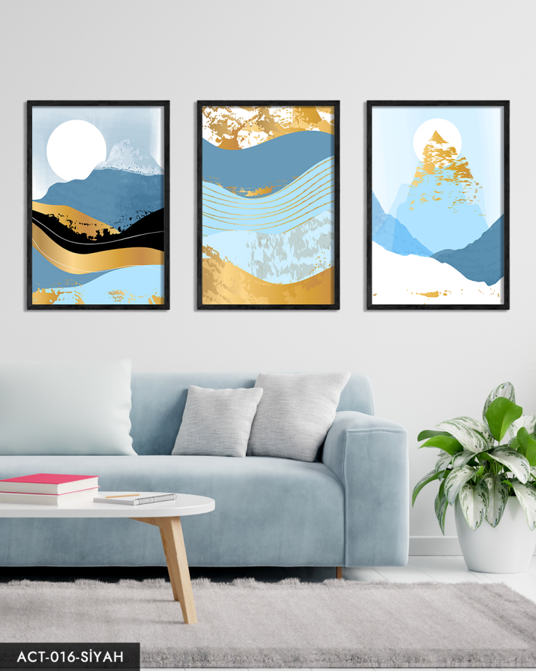 Soyut Dağ Görsel 3 Parça Ahşap Çerçeveli Tablo ACT Siyah - 50 x 70 CM