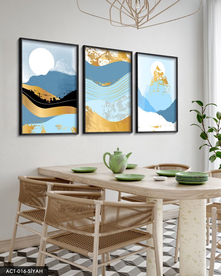 Soyut Dağ Görsel 3 Parça Ahşap Çerçeveli Tablo ACT Siyah - 50 x 70 CM
