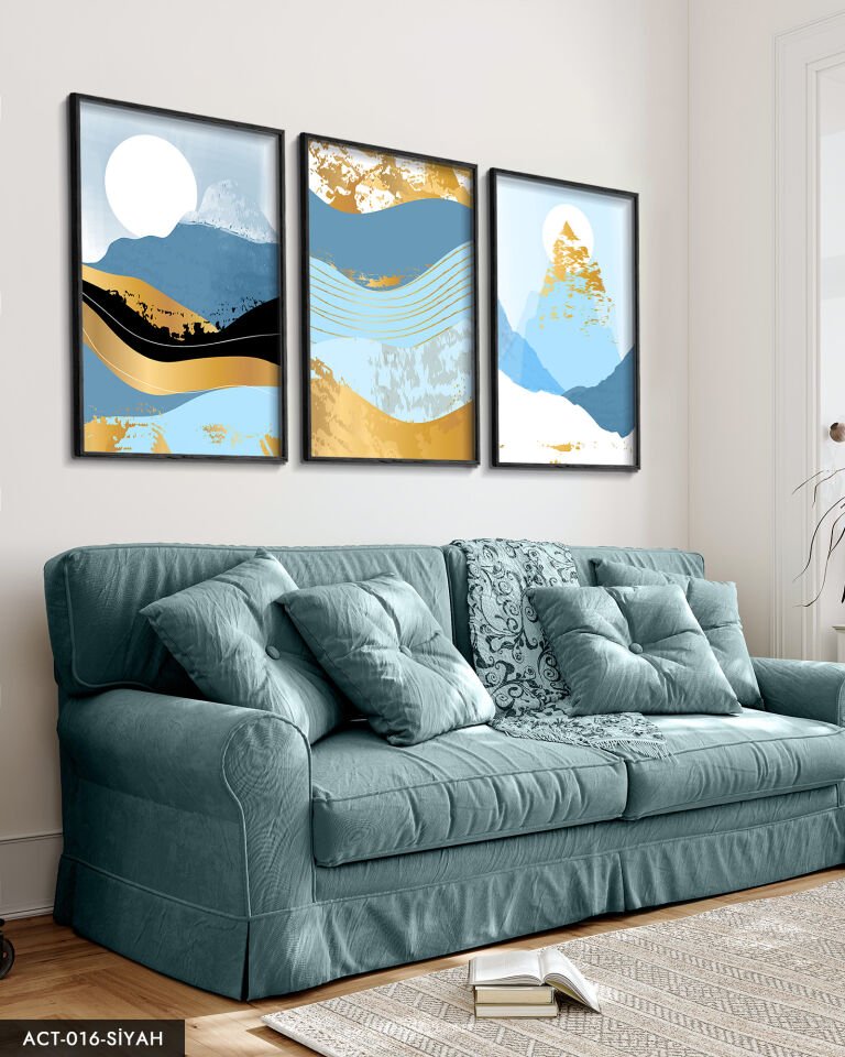 Soyut Dağ Görsel 3 Parça Ahşap Çerçeveli Tablo ACT Siyah - 50 x 70 CM