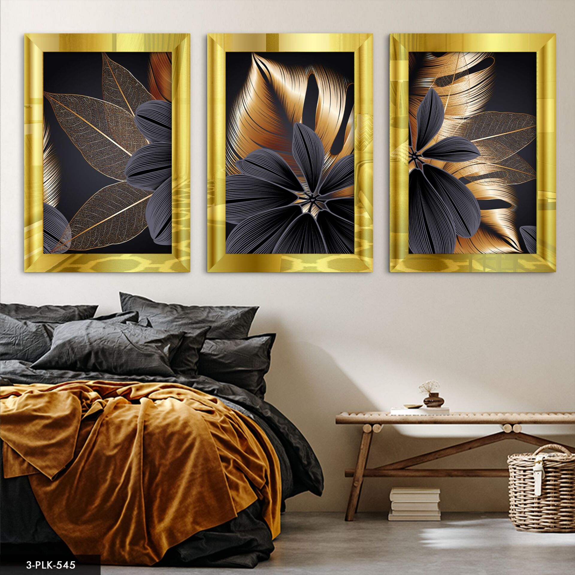 Çiçek Yaprak 3 Parça Pleksi Aynalı Tablo 20 x 30 CM - Gold
