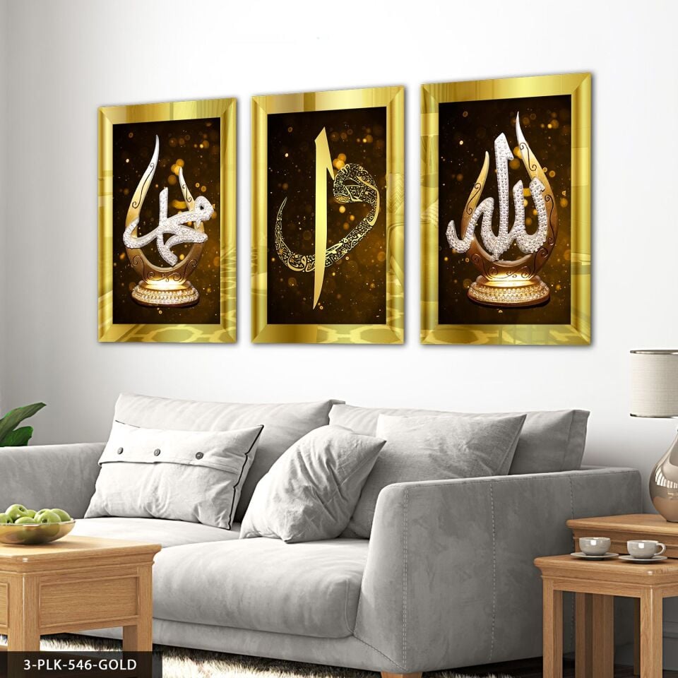 Allah Muhammed Elif Vav 3 Parça Pleksi Aynalı Tablo 20 x 30 CM - Gold