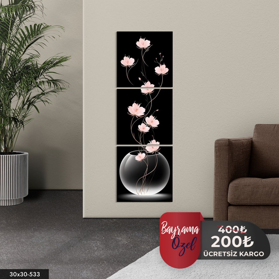Uzun Saplı Pembe Lotus Çiçekleri 3 Parça Mdf Tablo 30 x 30 CM