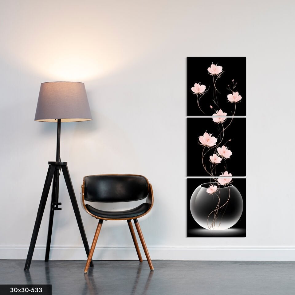 Uzun Saplı Pembe Lotus Çiçekleri 3 Parça Mdf Tablo 30 x 30 CM