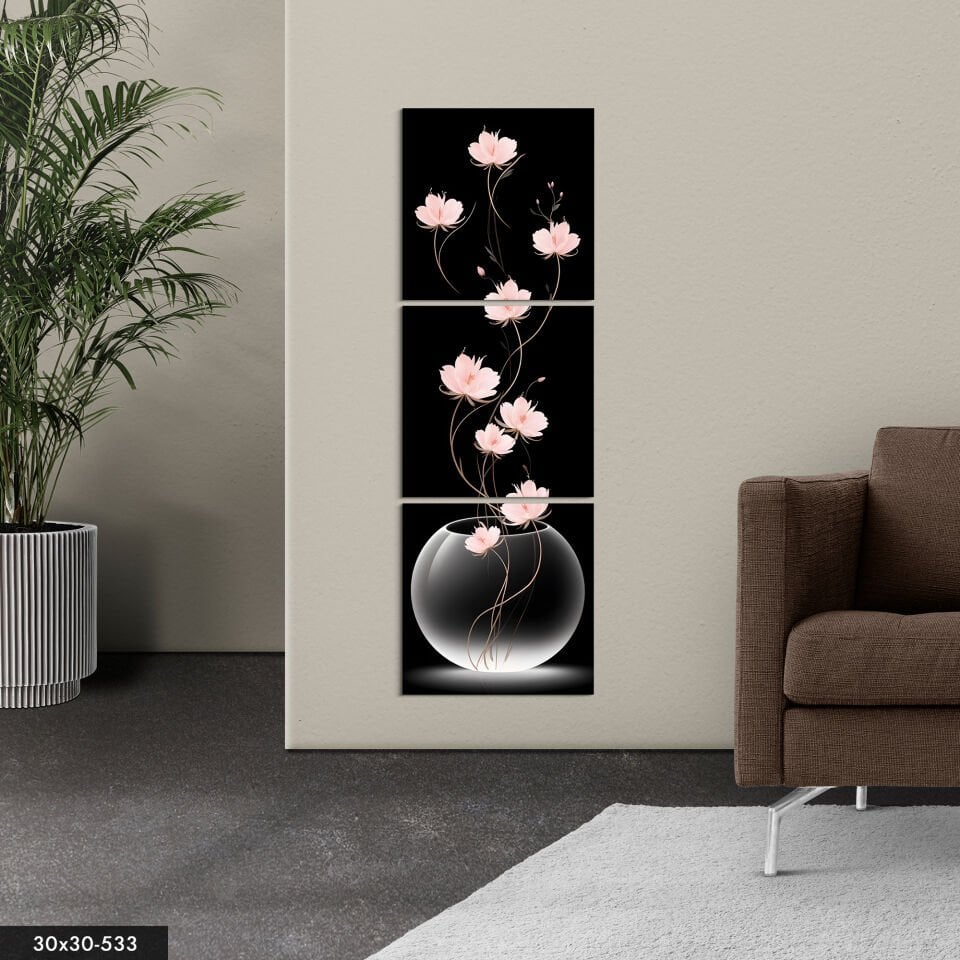 Uzun Saplı Pembe Lotus Çiçekleri 3 Parça Mdf Tablo 30 x 30 CM