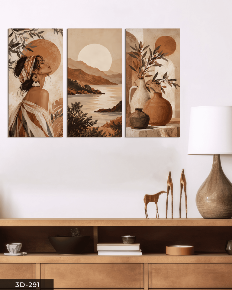 Boho Tarzda Manzara ve Kadın 3 Parçalı Mdf Tablo