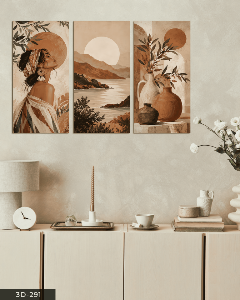 Boho Tarzda Manzara ve Kadın 3 Parçalı Mdf Tablo