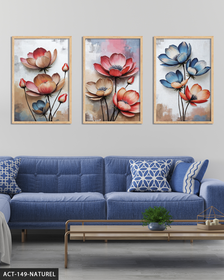 Kırmızı ve mavi Çiçekler 3 Parça Ahşap Çerçeveli Tablo ACT Naturel - 30 x 40 CM