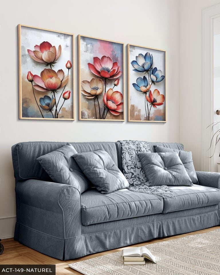 Kırmızı ve mavi Çiçekler 3 Parça Ahşap Çerçeveli Tablo ACT Naturel - 30 x 40 CM