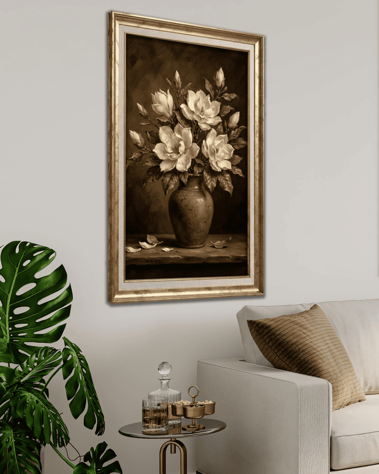 Kahverengi Vazoda Beyaz Çiçekler Premium Çerçeveli Tek Parça Tablo 65X110 cm PRM
