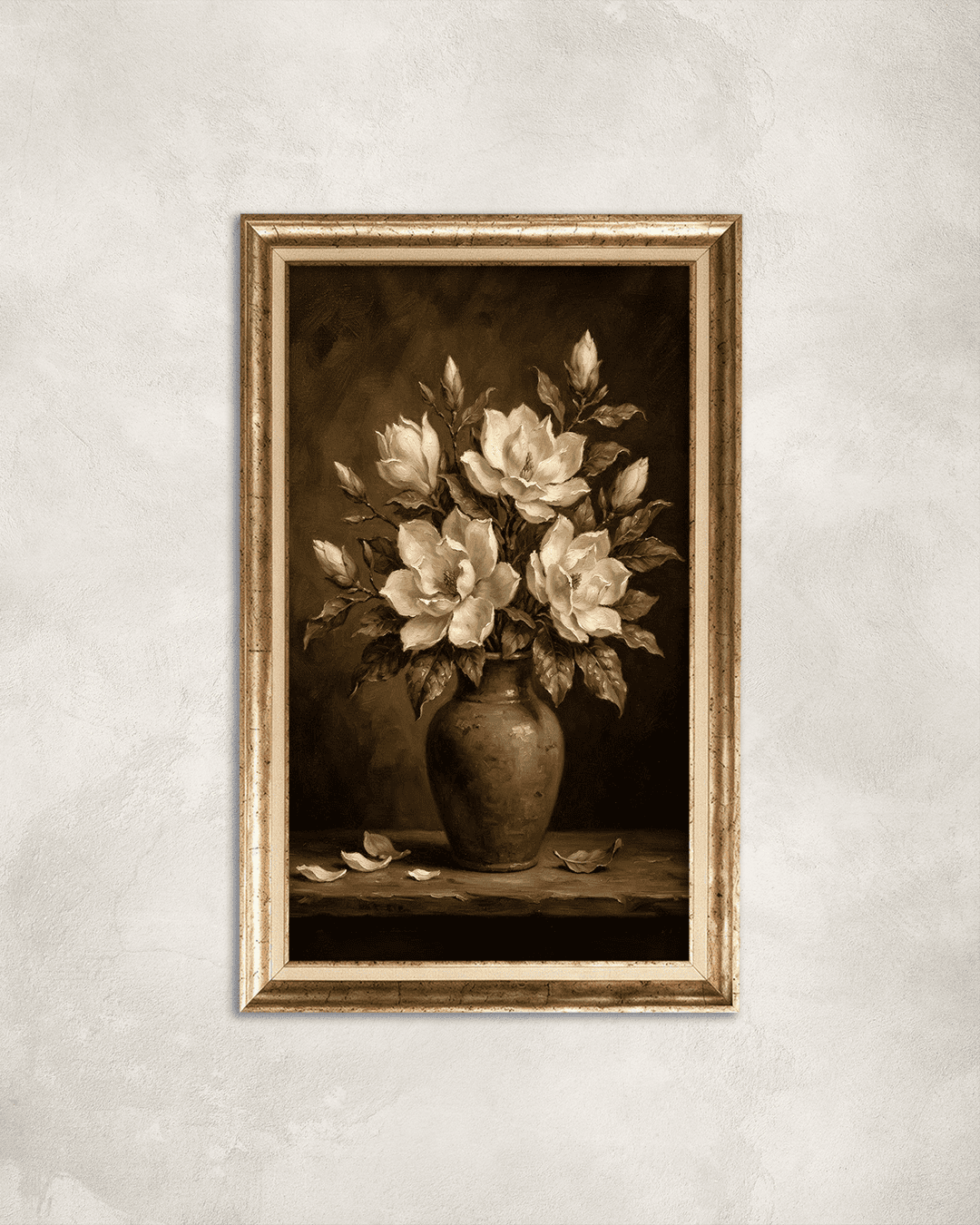 Kahverengi Vazoda Beyaz Çiçekler Premium Çerçeveli Tek Parça Tablo 65X110 cm PRM