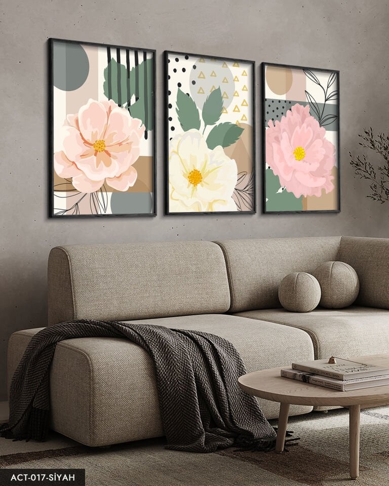 Pembe Çiçek 3 Parça Ahşap Çerçeveli Tablo ACT Siyah - 50 x 70 CM
