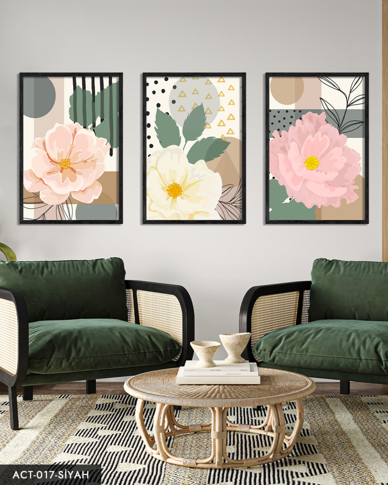 Pembe Çiçek 3 Parça Ahşap Çerçeveli Tablo ACT Siyah - 50 x 70 CM