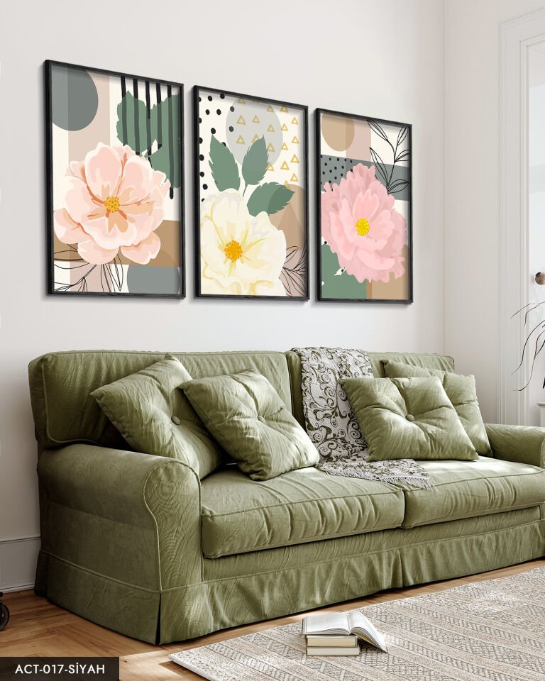 Pembe Çiçek 3 Parça Ahşap Çerçeveli Tablo ACT Siyah - 50 x 70 CM