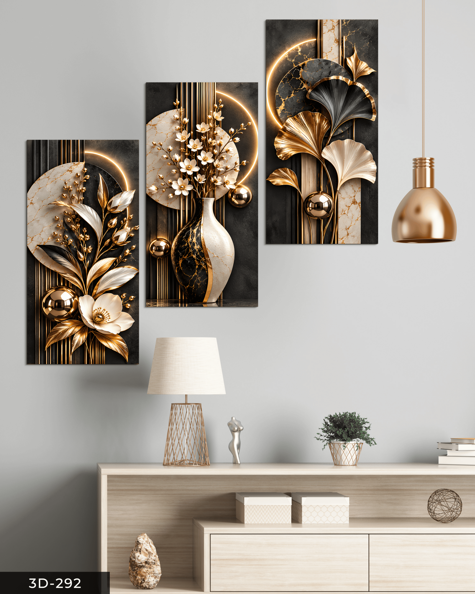 Gold Detaylı Desenler ve Çiçekler 3 Parçalı Mdf Tablo