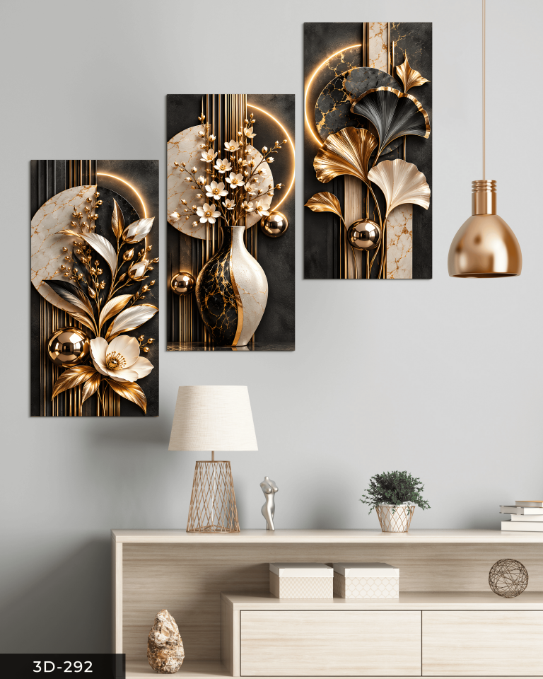 Gold Detaylı Desenler ve Çiçekler 3 Parçalı Mdf Tablo