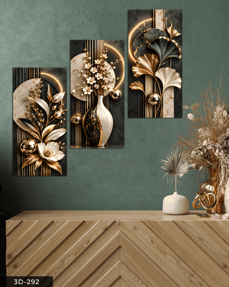 Gold Detaylı Desenler ve Çiçekler 3 Parçalı Mdf Tablo