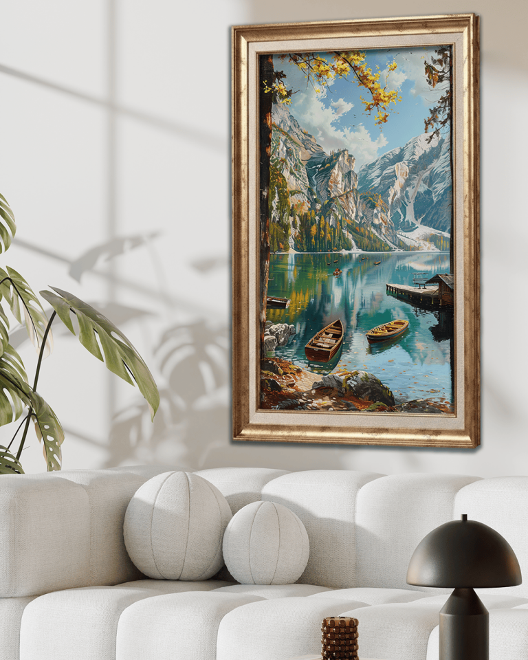 Dağlar ve Kayık Premium Çerçeveli Tek Parça Tablo 65X110 cm PRM