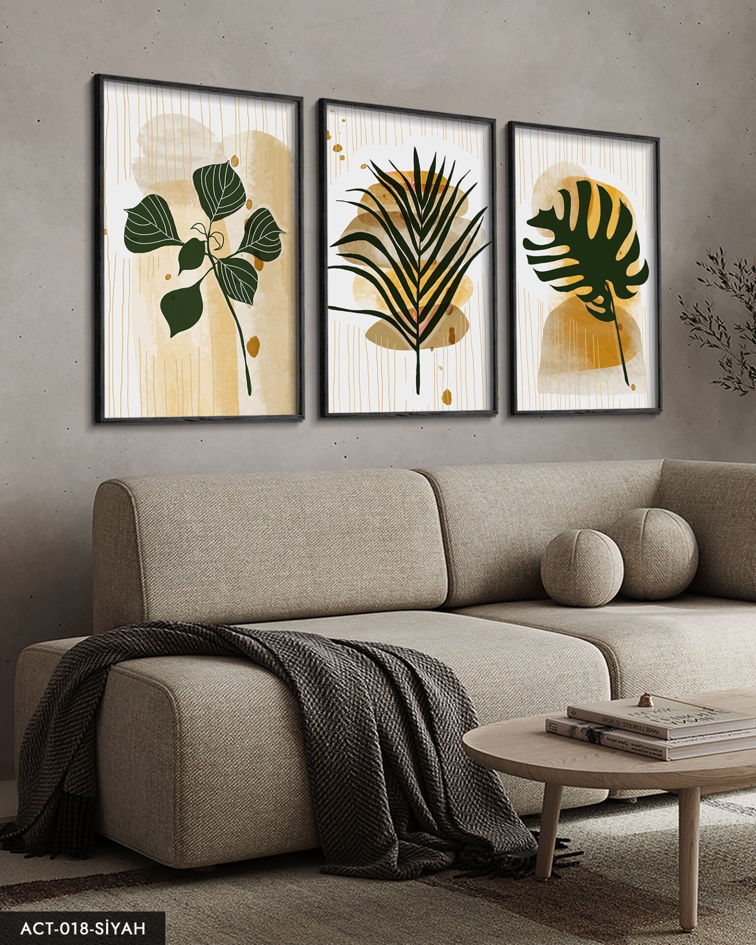 Yeşil Yaprak Tüy 3 Parça Ahşap Çerçeveli Tablo ACT Siyah - 50 x 70 CM