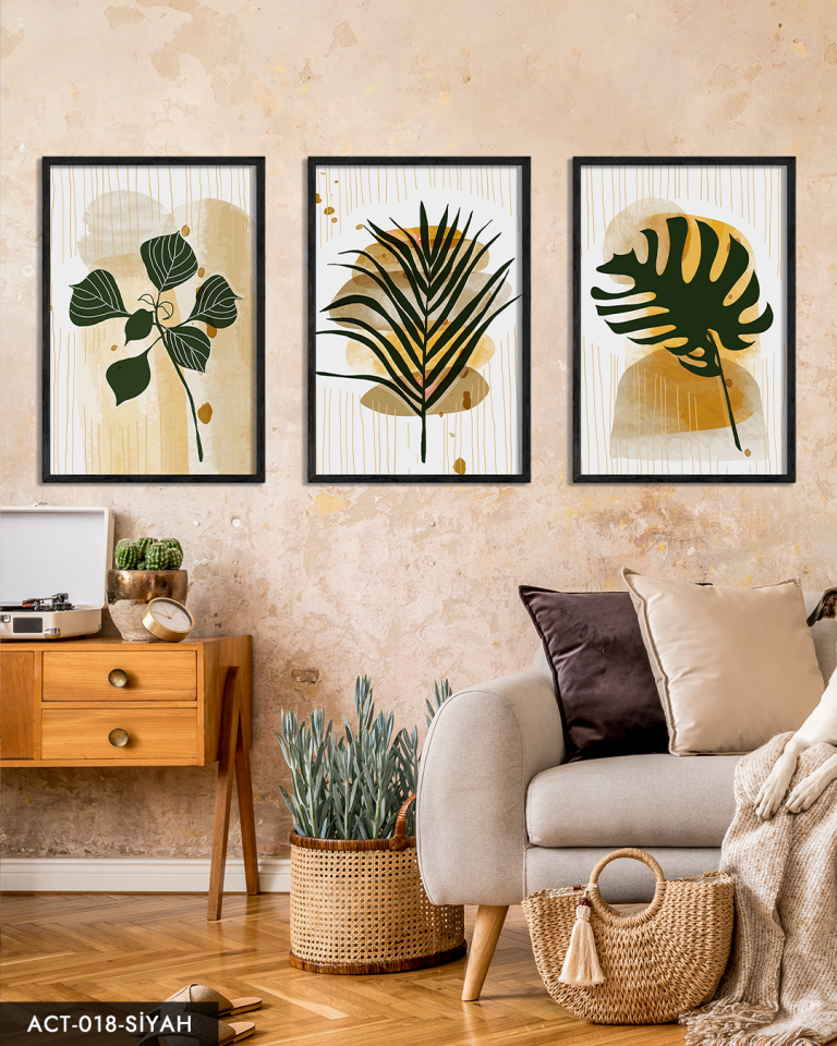 Yeşil Yaprak Tüy 3 Parça Ahşap Çerçeveli Tablo ACT Siyah - 50 x 70 CM