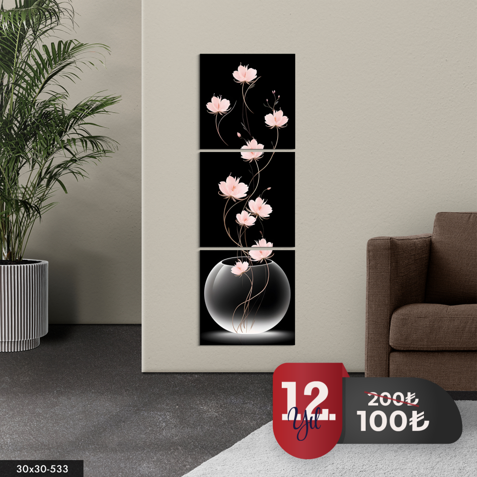 Uzun Saplı Pembe Lotus Çiçekleri 3 Parça Mdf Tablo 20 x 20 CM