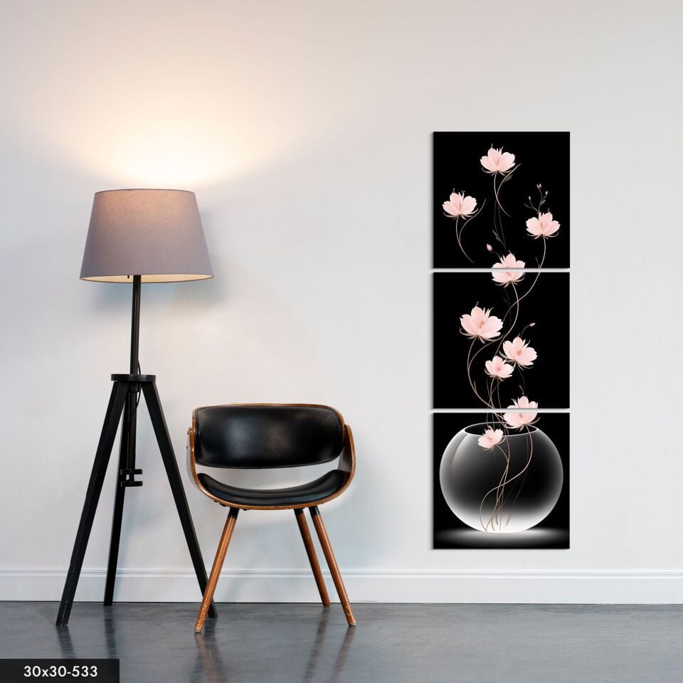 Uzun Saplı Pembe Lotus Çiçekleri 3 Parça Mdf Tablo 20 x 20 CM