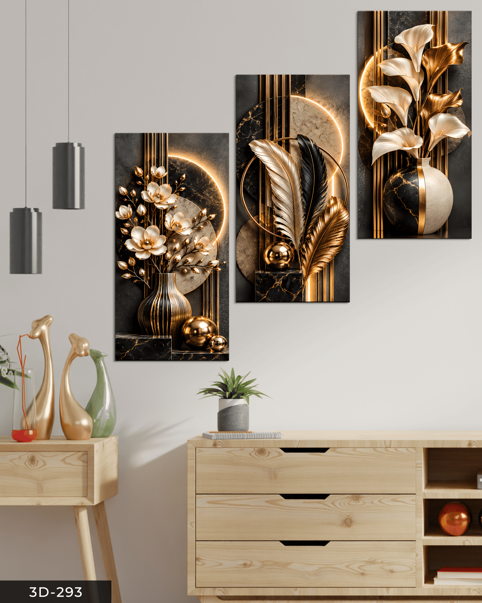 Gold Asil Yapraklar ve Zambak 3 Parçalı Mdf Tablo