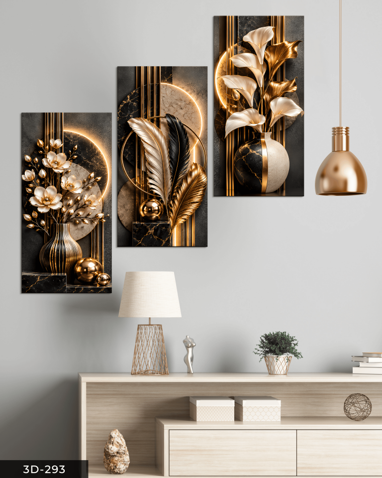 Gold Asil Yapraklar ve Zambak 3 Parçalı Mdf Tablo