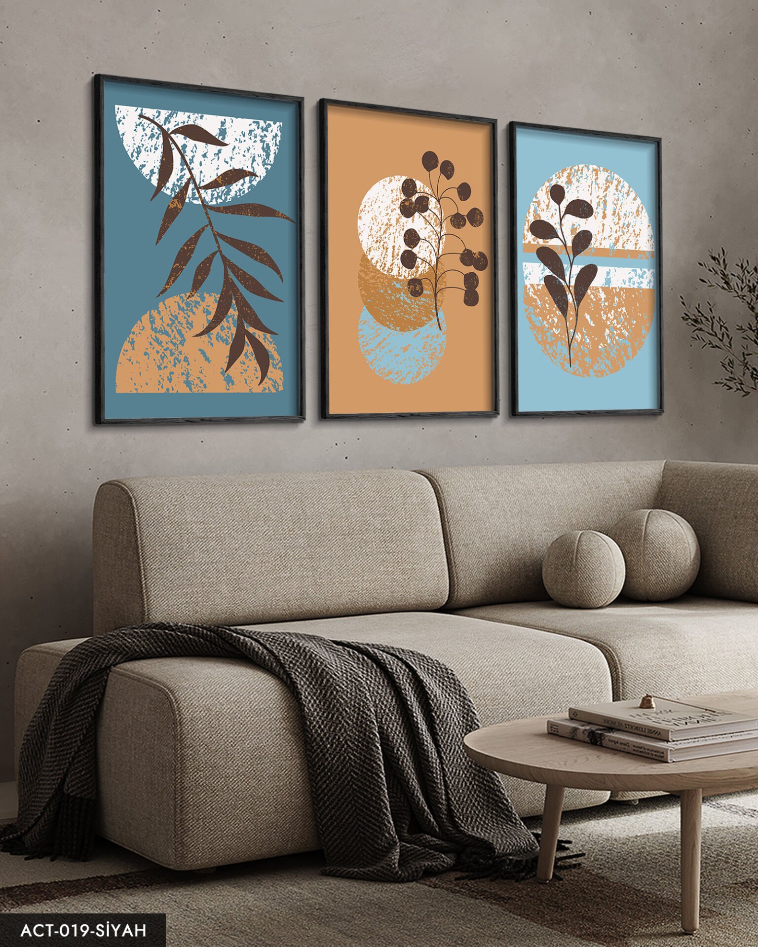 Bohem Tarzı, Soyut, Sanat, 3 Parça Ahşap Çerçeveli Tablo ACT Siyah - 50 x 70 CM