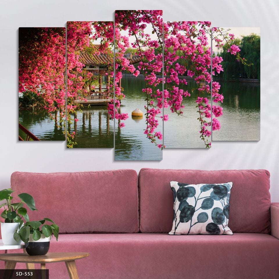 Pembe Begonvil ve Göl Manzara 5 Parça Mdf Tablo 60x100 CM