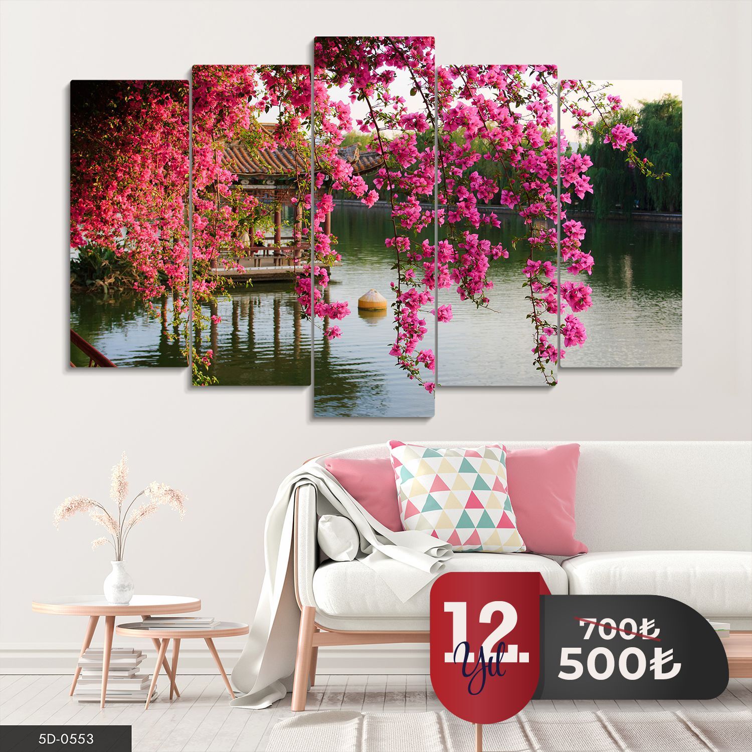 Pembe Begonvil ve Göl Manzara 5 Parça Mdf Tablo 60x100 CM