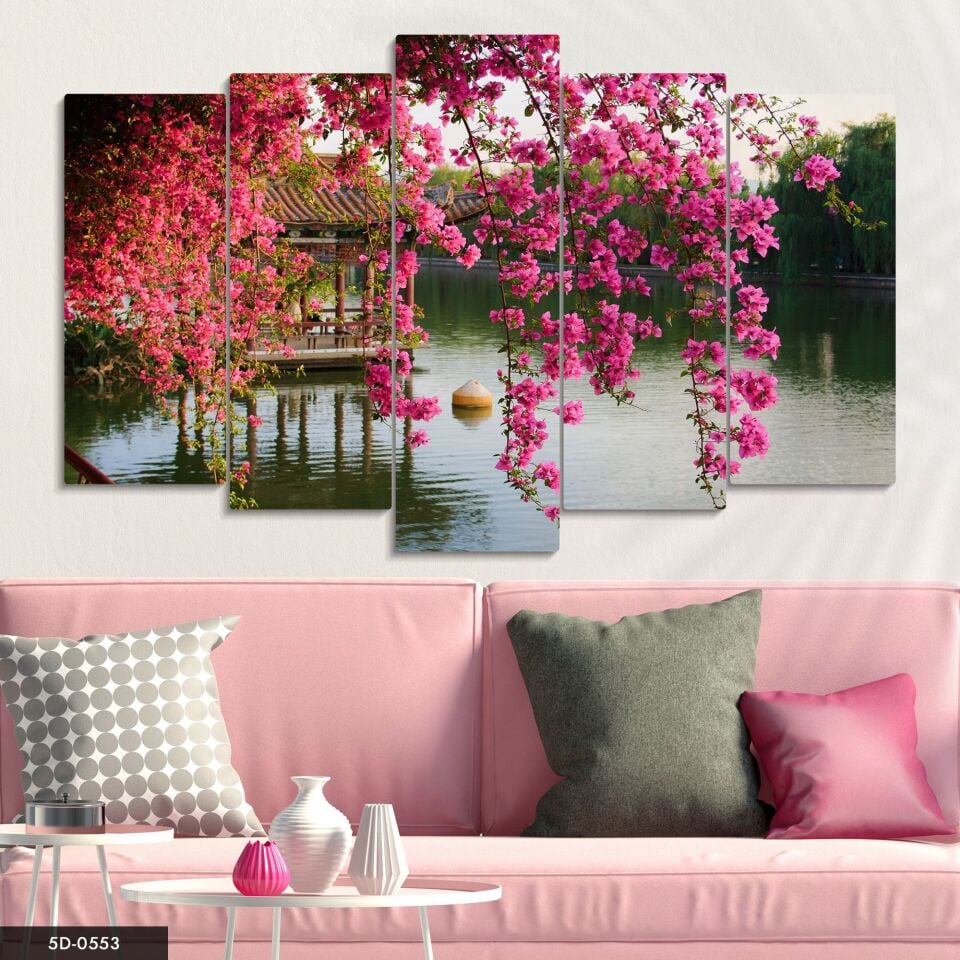 Pembe Begonvil ve Göl Manzara 5 Parça Mdf Tablo 60x100 CM