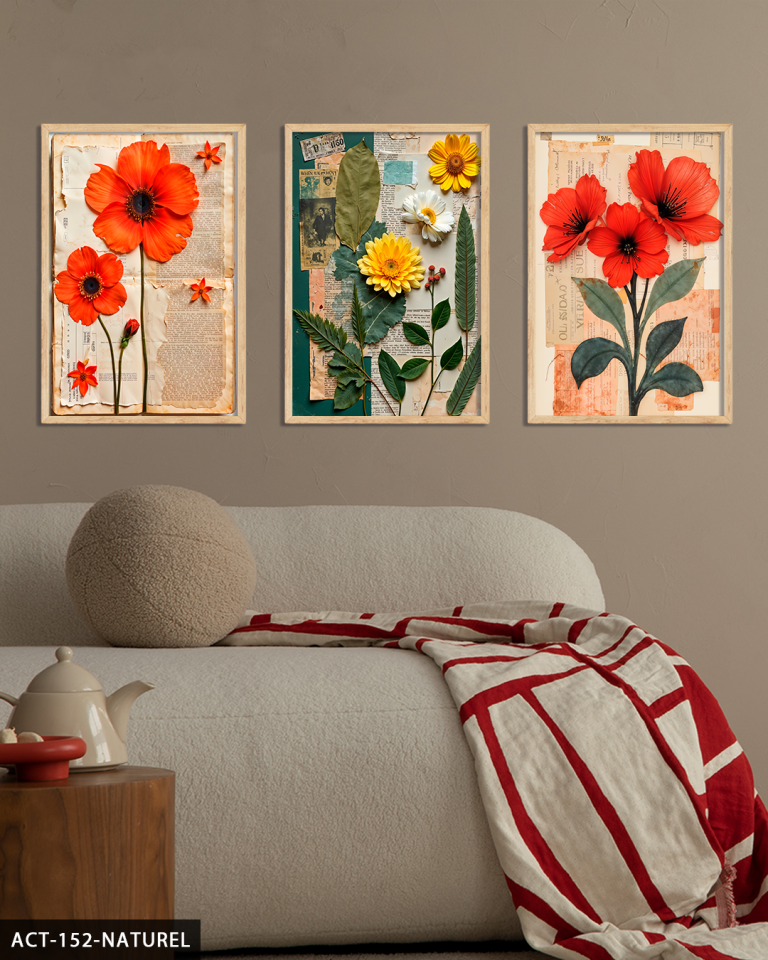 Yeşil Yapraklı Kırmızı ve Sarı Çiçek 3 Parça Ahşap Çerçeveli Tablo ACT Naturel - 30 x 40 CM