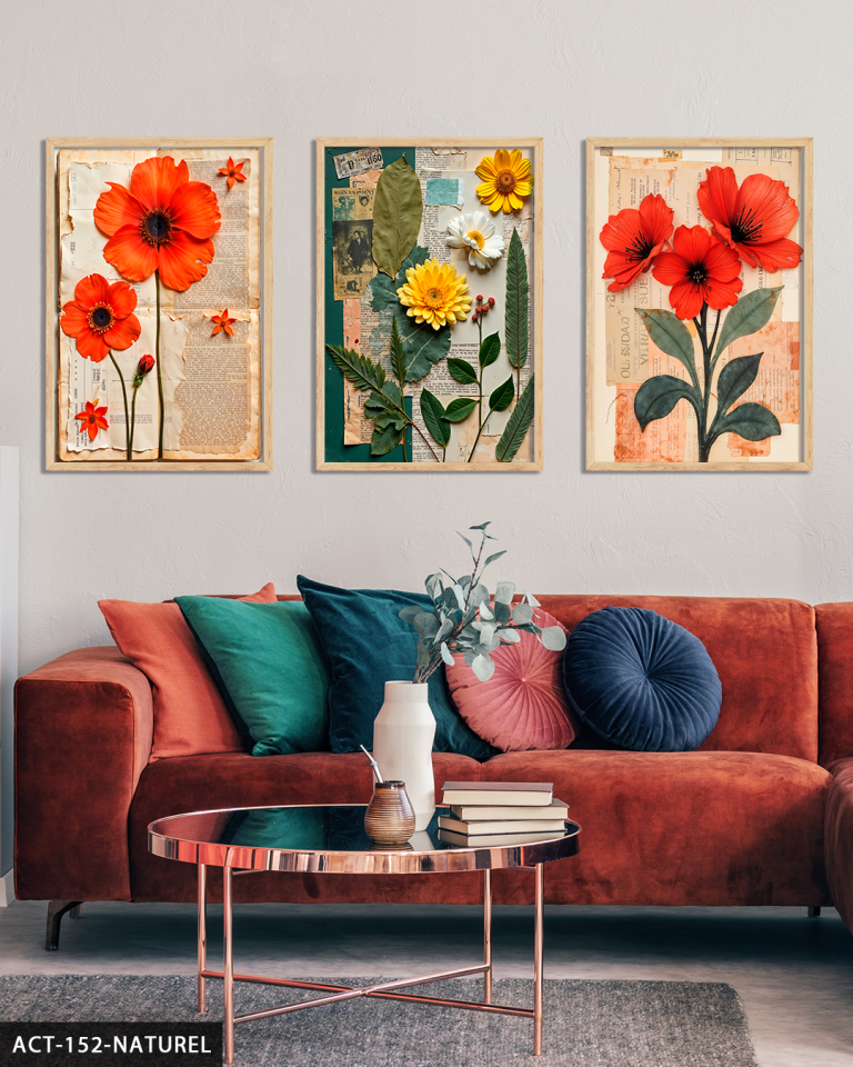 Yeşil Yapraklı Kırmızı ve Sarı Çiçek 3 Parça Ahşap Çerçeveli Tablo ACT Naturel - 30 x 40 CM